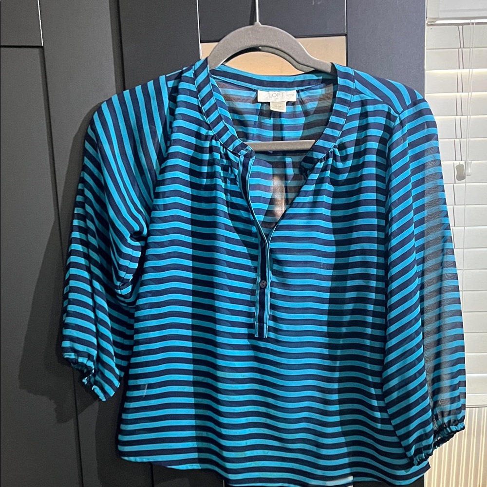 LOFT Teal and Black Striped Blouse